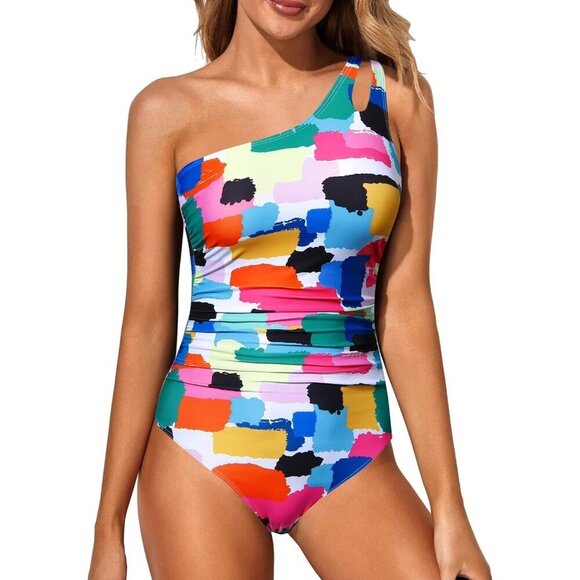 🆕Women White One Shoulder Piece Tummy Control Bathing Suit Coverage Swimwear - Picture 1 of 5